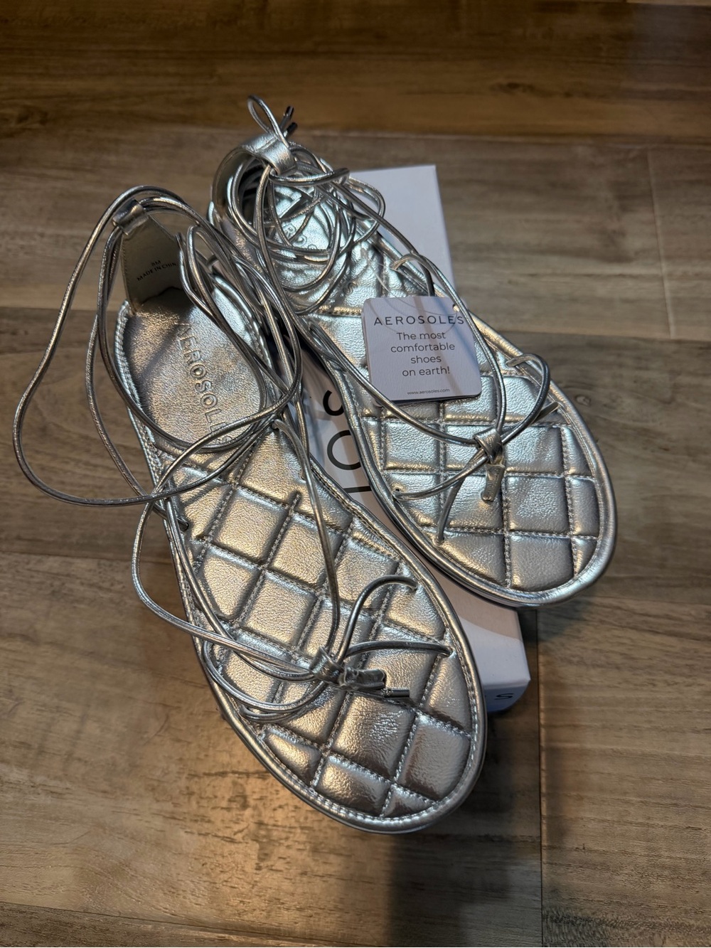 AEROSOLES Metallic Silver Quilted Lace-Up Sandals-Jacky